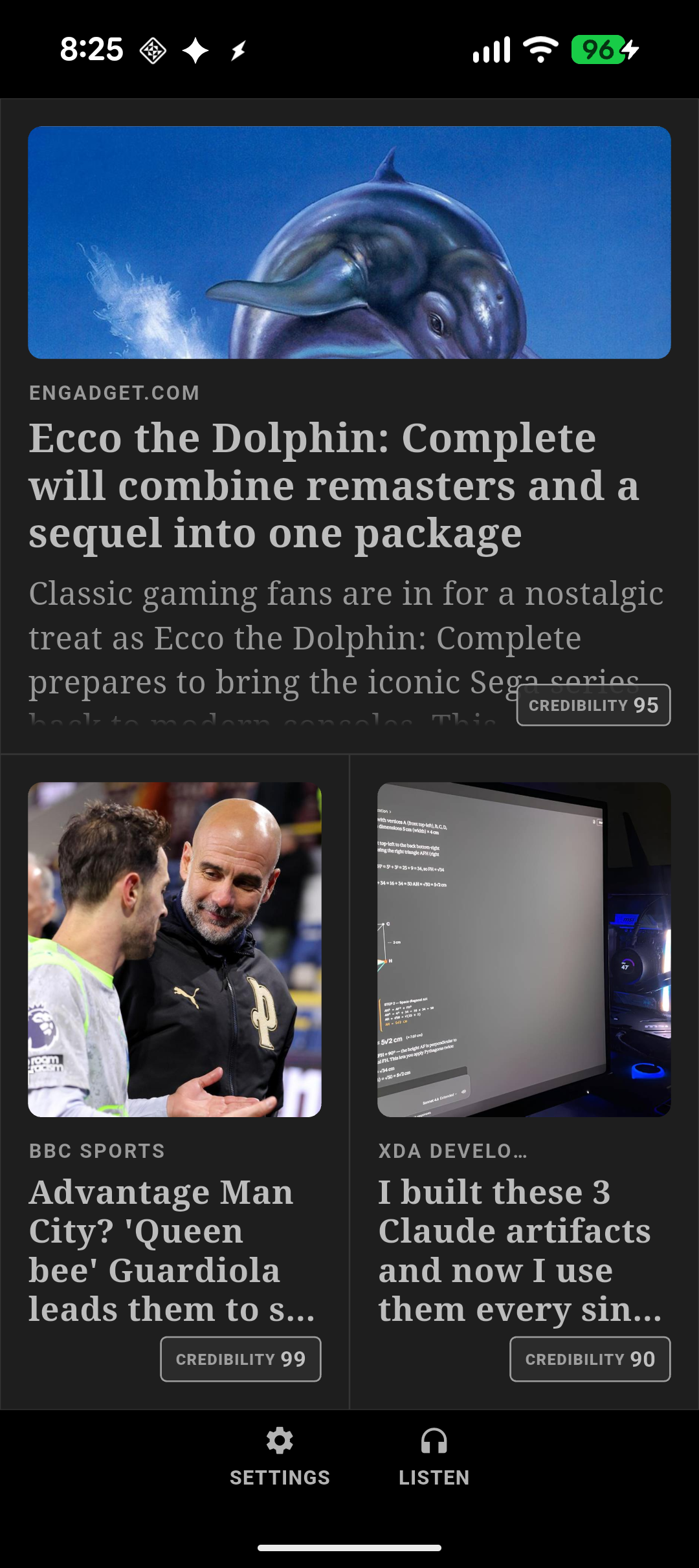 Quiet Reader feed with stacked article cards