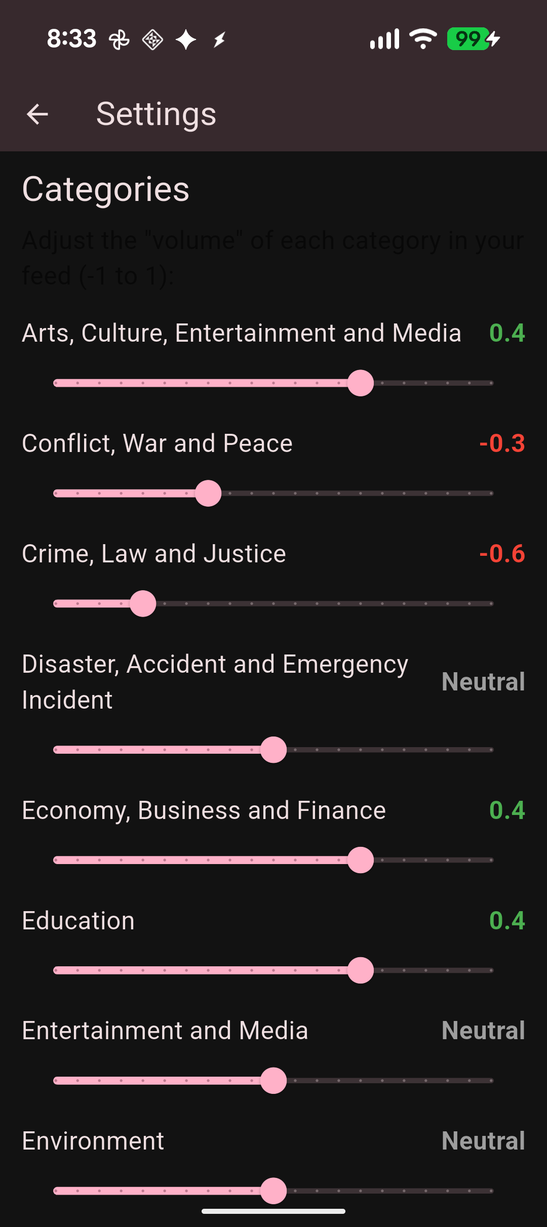 Settings screen for category balance