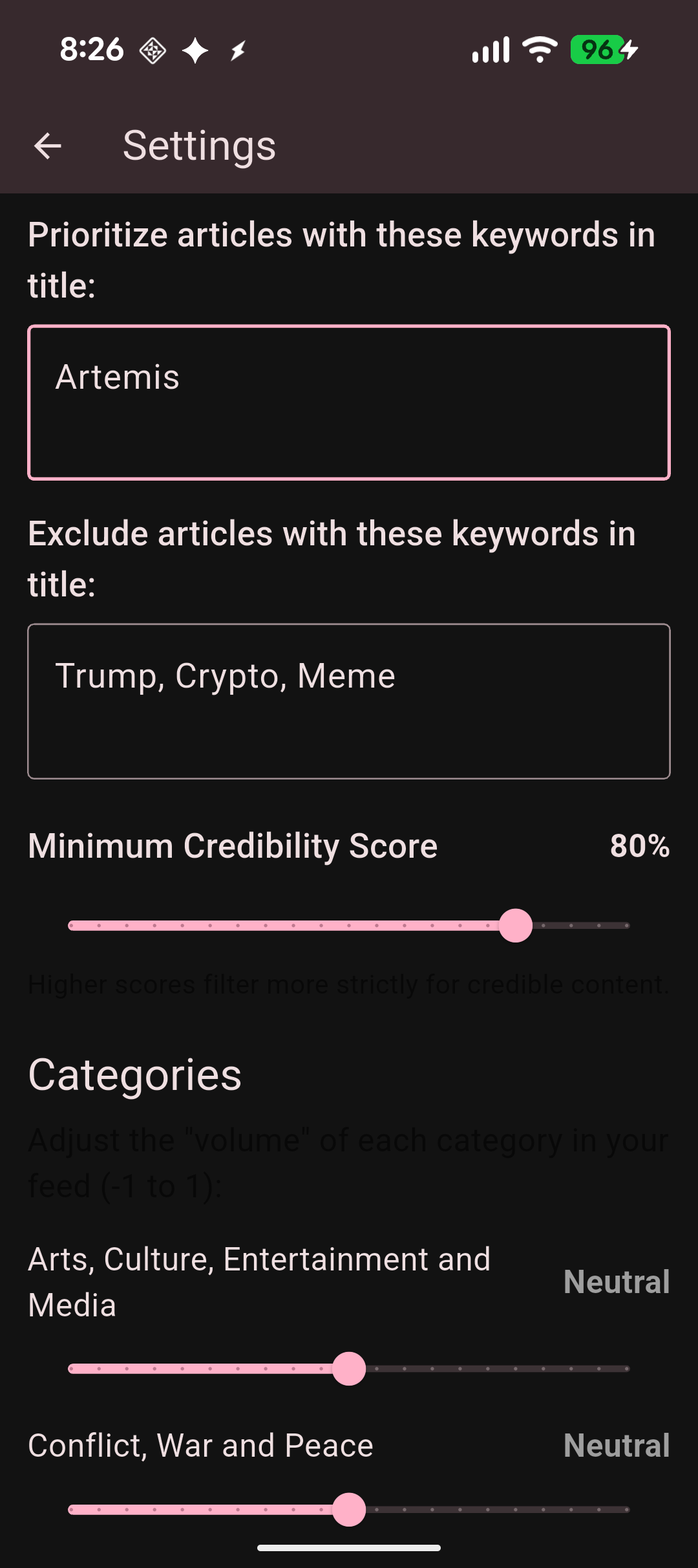 Keyword filter settings